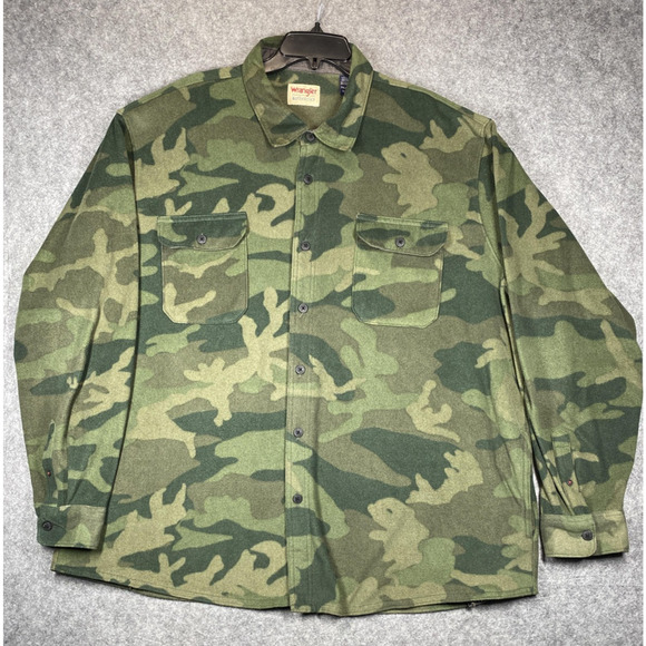 Wrangler Authentics Shirt Mens 3XL Camo Green Button Up Fleece Outdoor Pockets - Picture 1 of 8